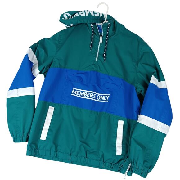 Members Only Anorak Windbreaker Mens Medium Green/Blue Color Block Mariner Beach - Picture 2 of 13